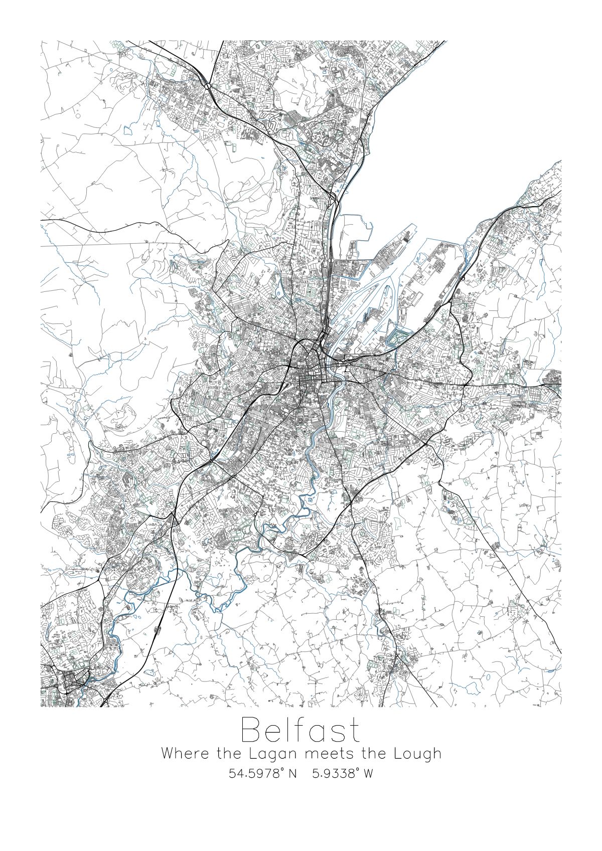 A3 map of Belfast in fine black and blue line: the Lagan, the Lough and every street between.